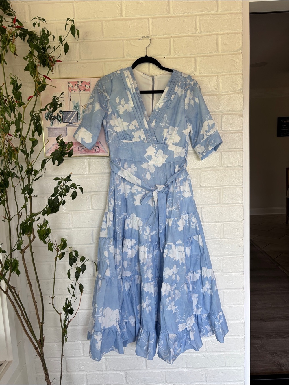 Blue Floral Wrap Midi Dress with Tie Waist